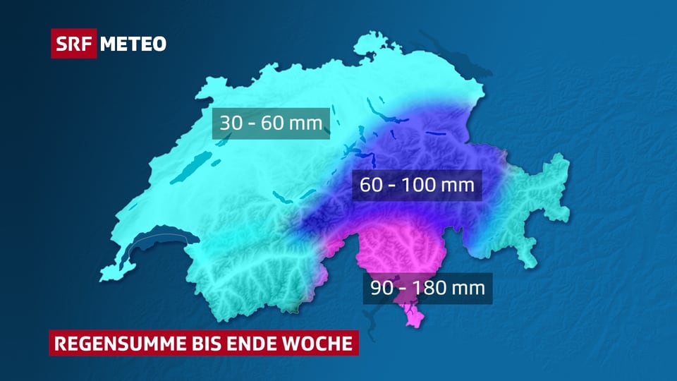 Auf einer Schweizer Karte sind die Regenmengen bis Ende Woche eingezeichnet. Mit 90 bis 180 mm Niederschlag steht dem Tessin eine grosse Menge Regenwasser bevor.
