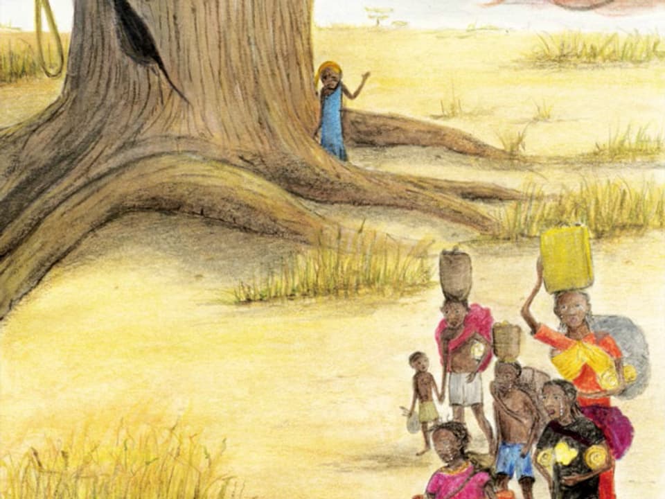 Zeichnung aus dem Bilderbuch «Der grosse Wunsch»: afrikanische Familie auf der Flucht, Grossmutter bleibt zurück.