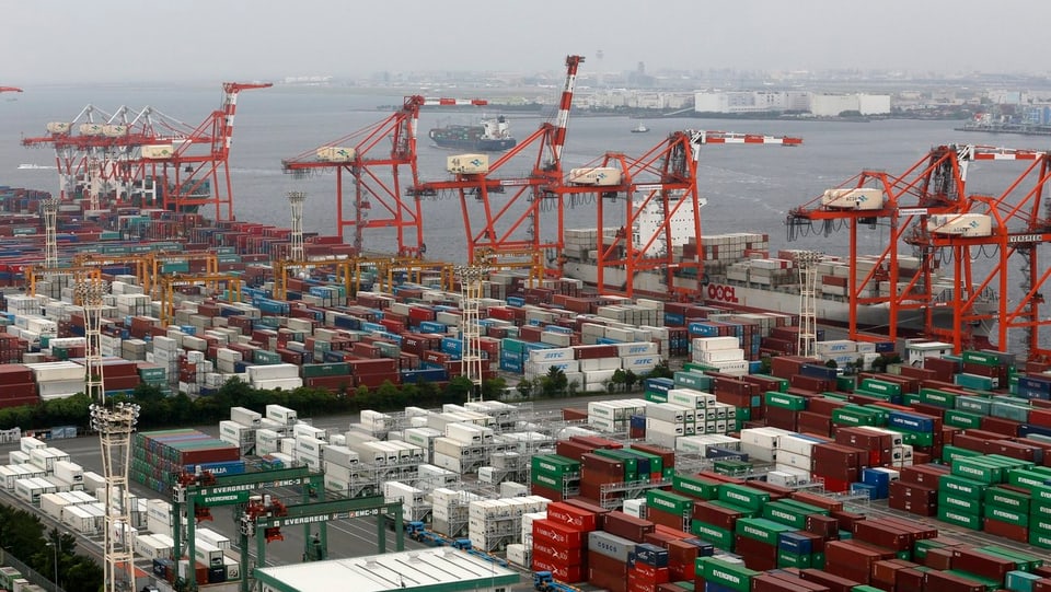 Hafen mit Containern und Kran in Aomi, Japan. Bewölkter Himmel. 
