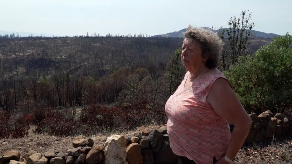 Frau vor verkohlten Wäldern im Hintergrund