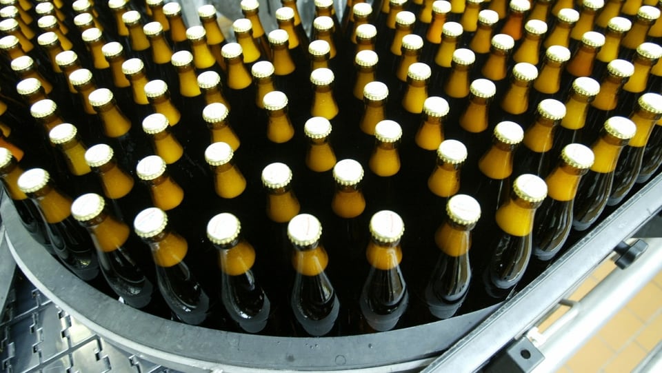 Abgefüllte Bierflaschen auf Förderband