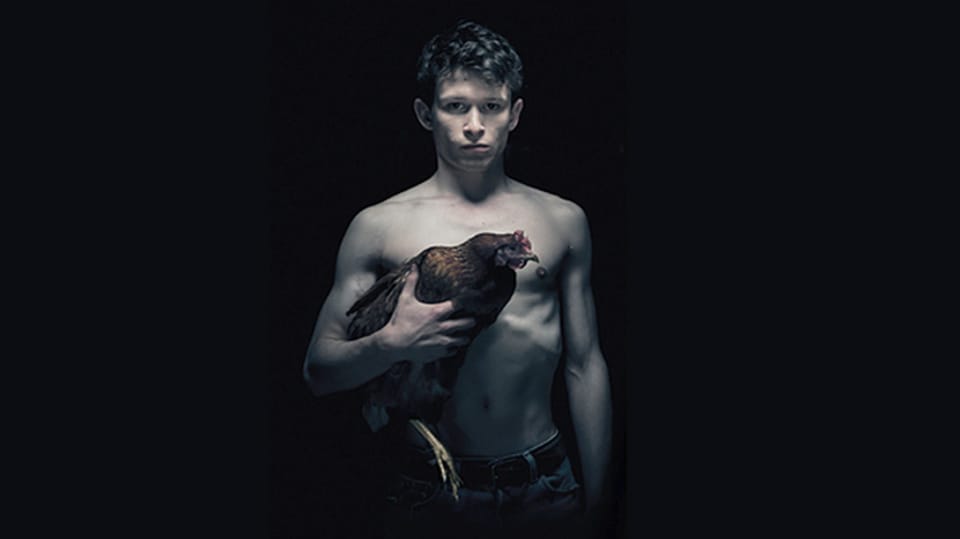 Ein junger Mann mit nacktem Oberkörper trägt einen Hahn.