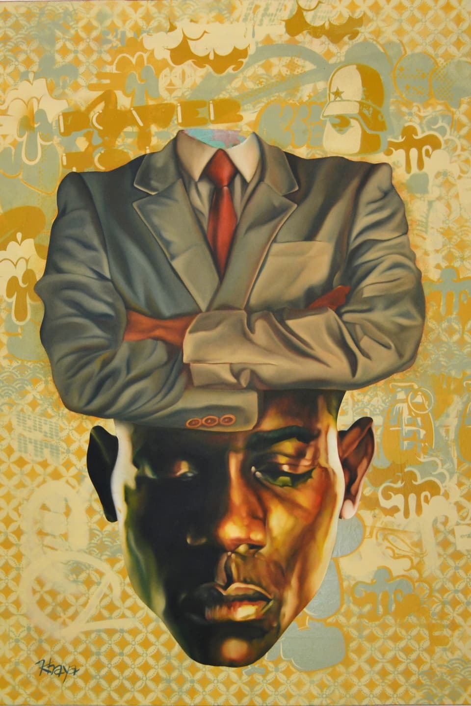 Auf einem gemalten Bild ist ein kopfloser Oberkörper in Anzug zu sehen, darunter schliesst sich nahtlos ein Kopf eines afrikanischen Mannes an, der die Augen geschlossen hat.