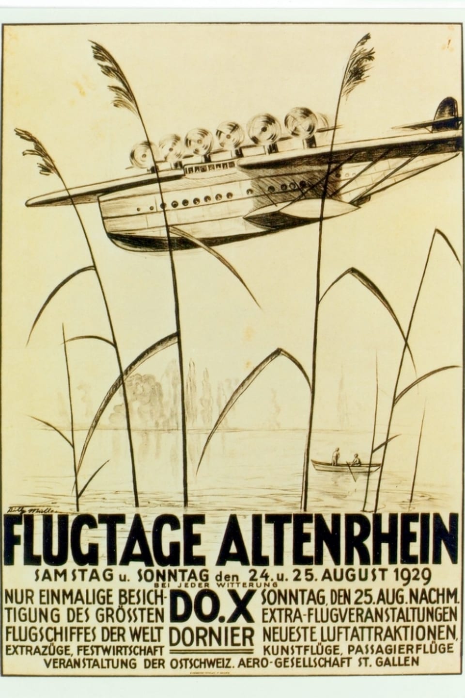 Ein Werbeplakat zu den Flugtagen in Altenrhein im August 1929 – mit Hinweis auf die Do X, damals das grösste Flugzeug der Welt.