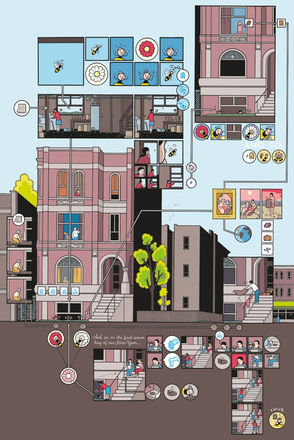 Eine Comiczeichnung eines älteren Mehrfamilienhauses, die Einblicke gibt in die unterschiedlichen Wohnungen.