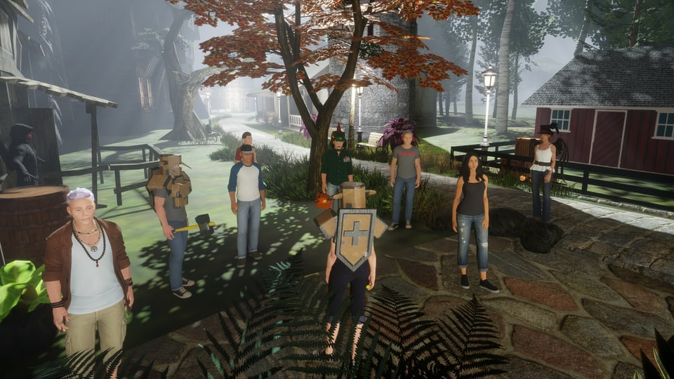 Eine Gruppe männlicher und weiblicher Avatare in einer virtuellen Spielumgebung.