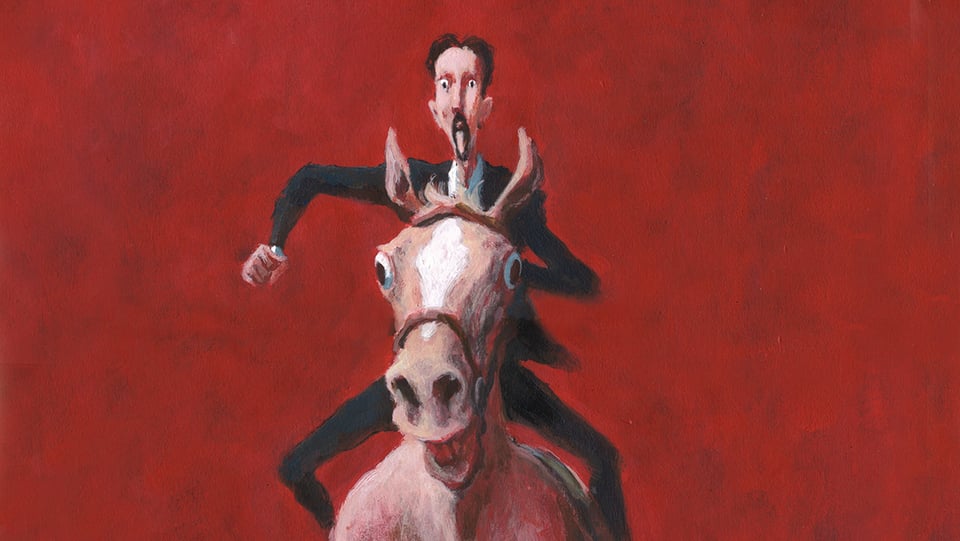 Comic: Ein Mann auf einem gallopierenden Pferd vor rotem Hintergrund.