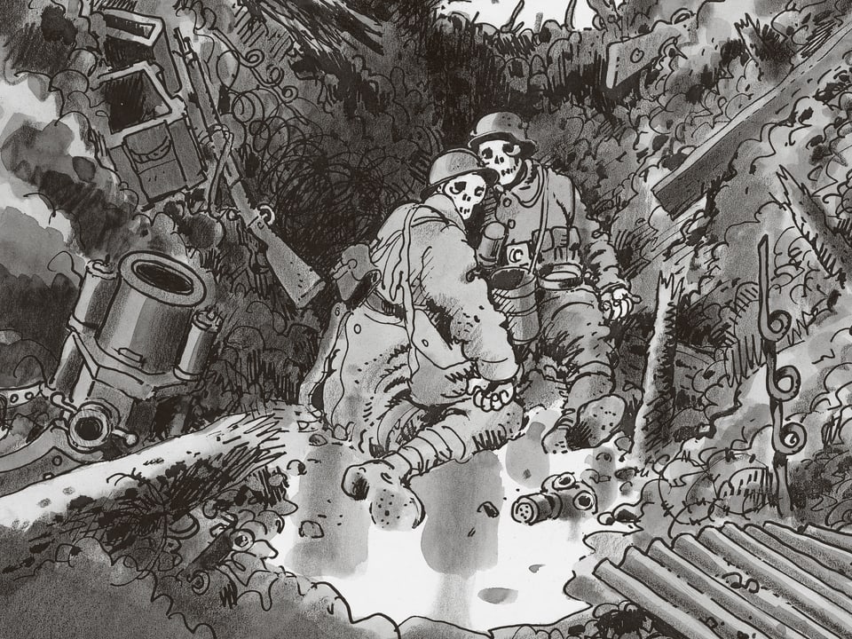 Ausschitt aus dem Comic: Zwei Skelette in Soldatenunfiormen im Schützengraben.