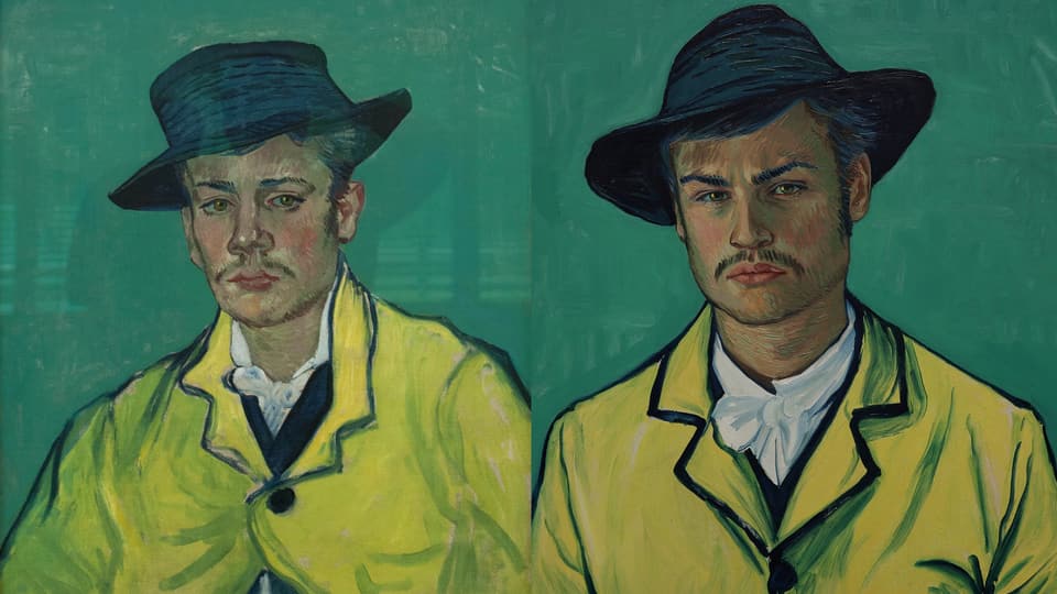 Links Vincent van Goghs Porträt von Armand Roulin, rechts Schauspieler Douglas Booth im Film.