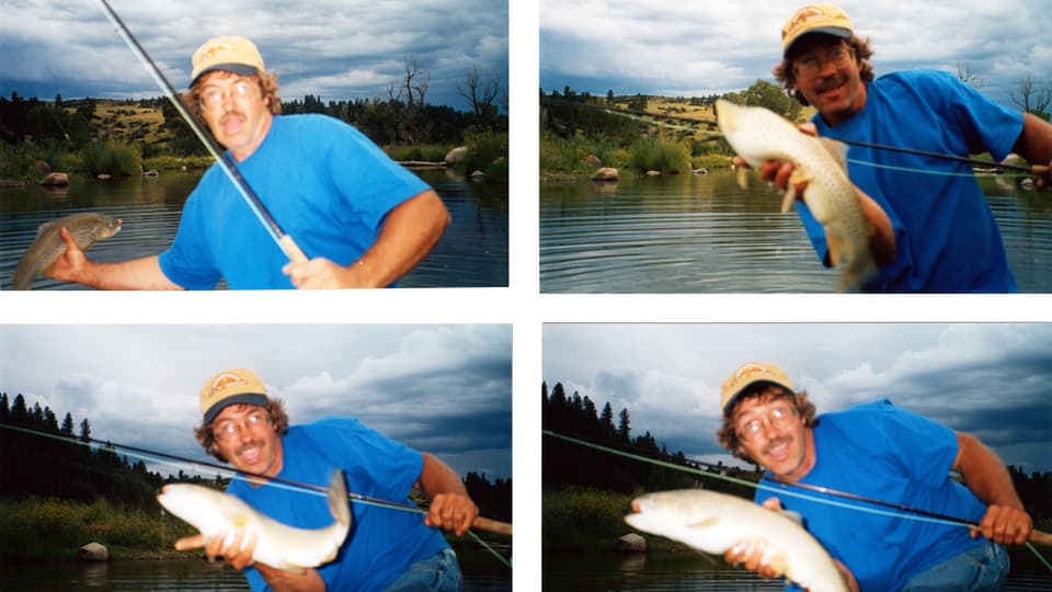 Vier Fotos eines Fischers mit seinem Fang.