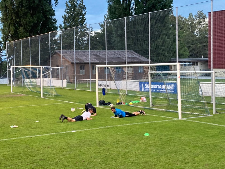 Die Goalies machen Übungen zur Rumpfstabilisation.