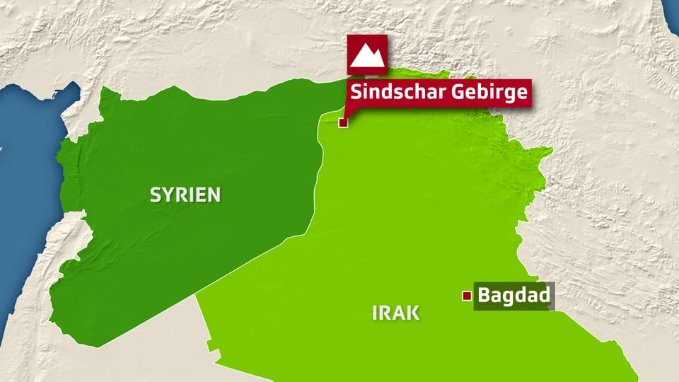 Karte von Irak und Syrien, Sindschar und Bagdad eingezeichnet.