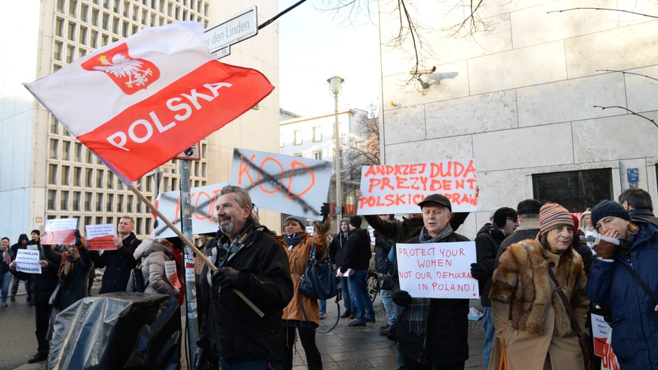 Demonstranten mit Plakaten und einer polnischen Flagge.