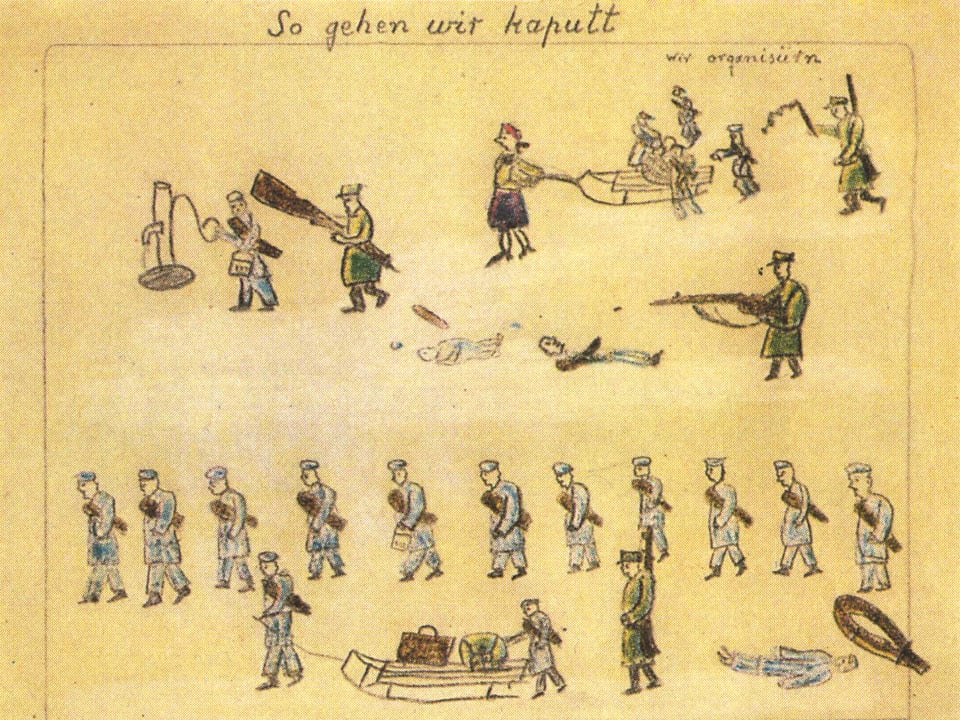 Eine Zeichnung von Kalman Landau, die das Leiden im KZ von Auschwitz zeigt.