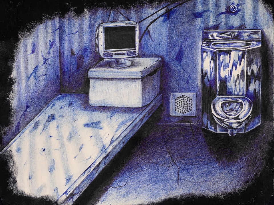 Bett, Klo und Computer: die Todeszelle - gemalt in Blau- und Schwarztönen.