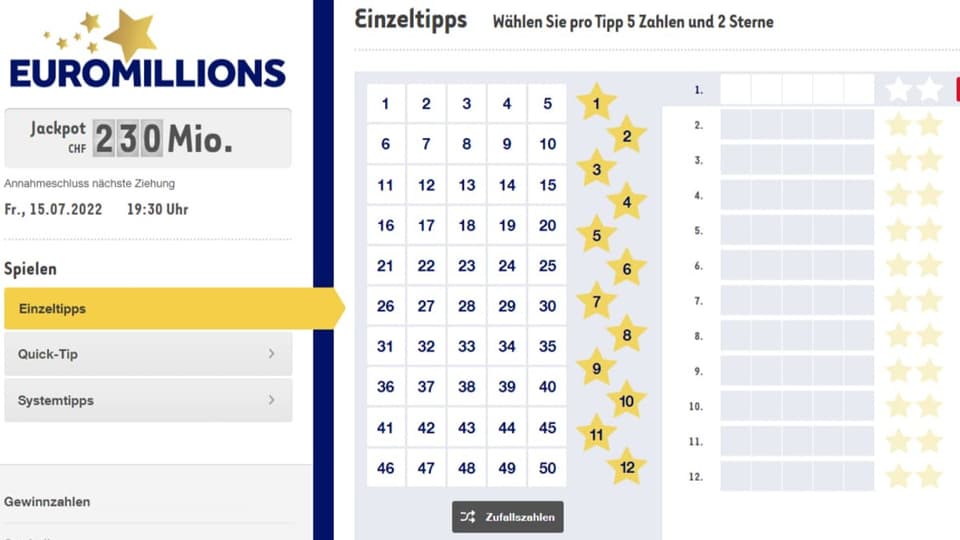 Swisslos-Seite mit Euromillions-Tipp