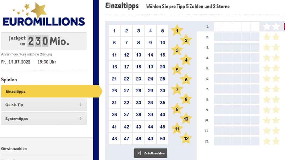 Swisslos-Seite mit Euromillions-Tipp