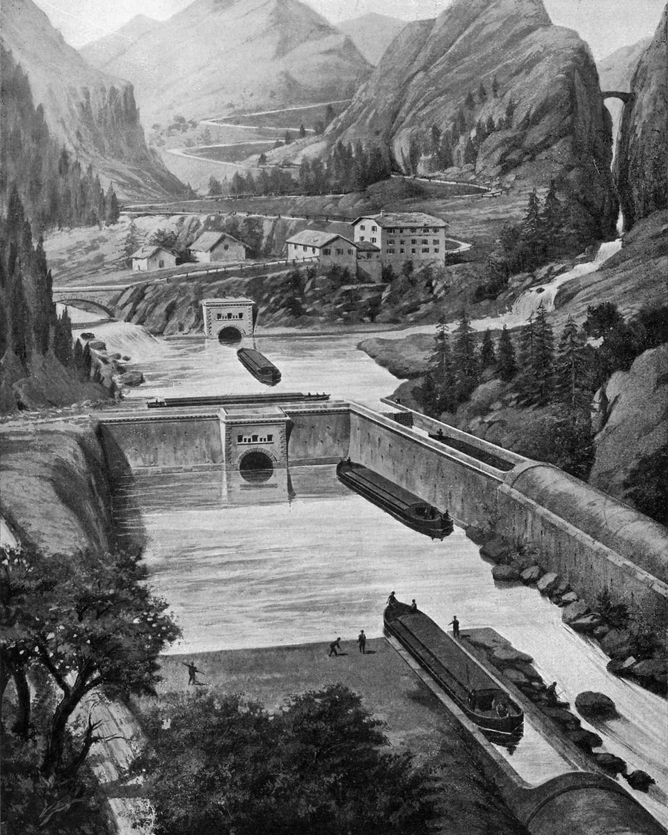 Bleistiftzeichnung, Skizze Wasserbecken auf unterschiedlichen Höhen, durch Kanäle verbunden.