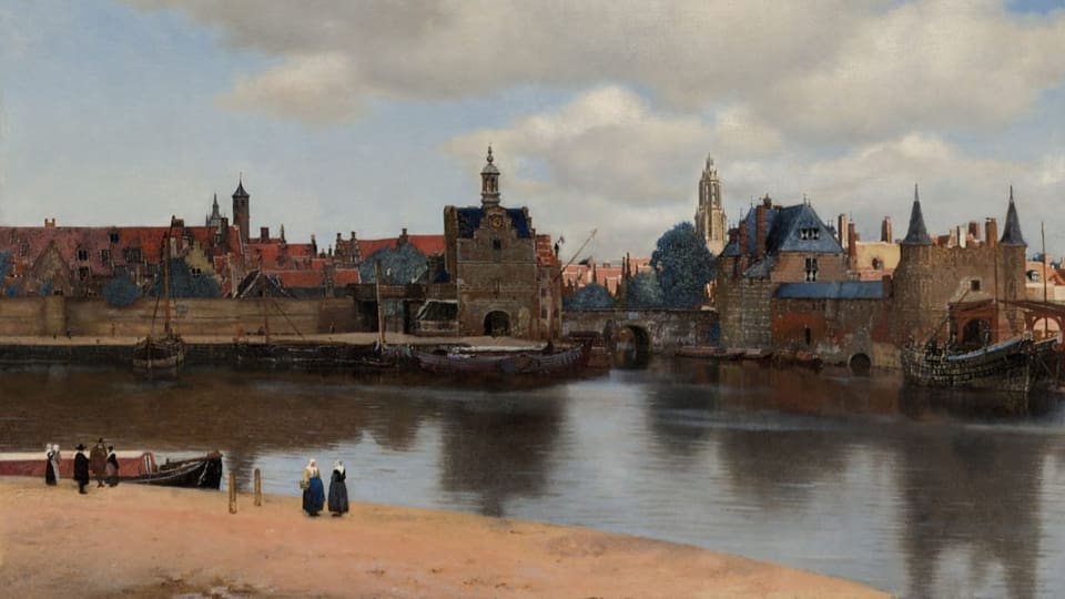 Gemälde, das eine Stadt an einem Fluss zeigt.