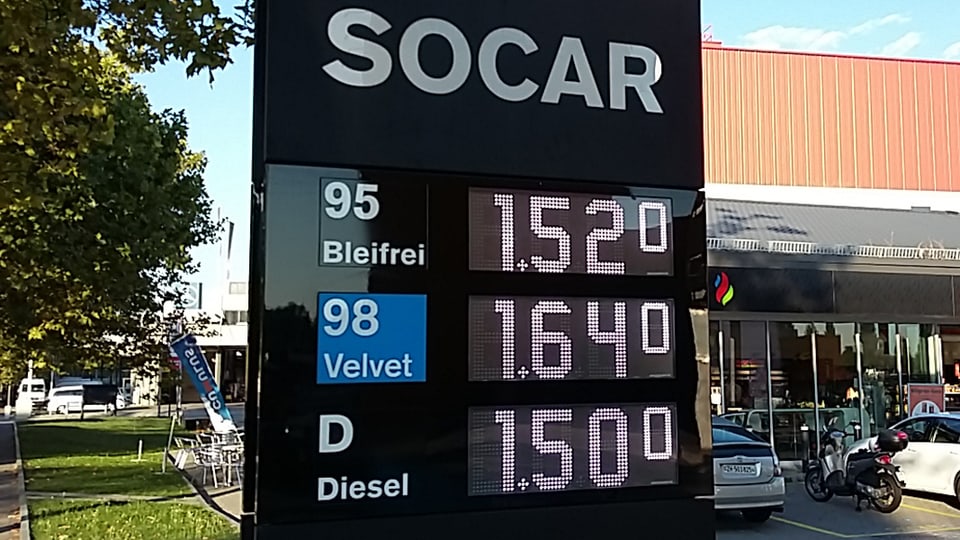 Schild vor einer Tankstelle mit Benzinpreisen.