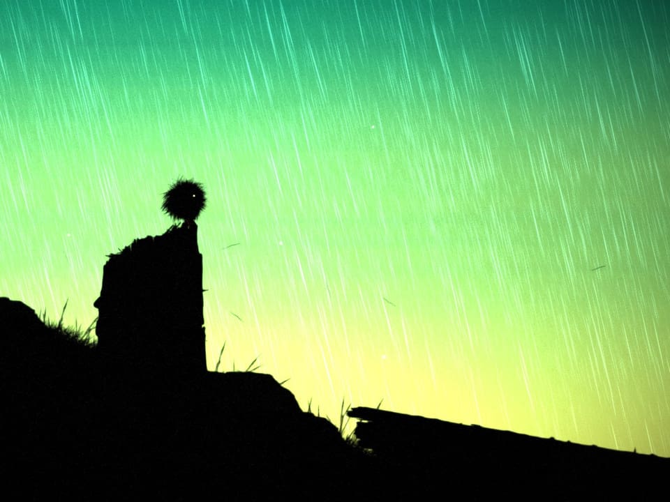 Regen auf grünem Hintergrund. Im Vordergrund schwarze Silhouetten, eine Haarkugel steht auf einem Baumstrunk.