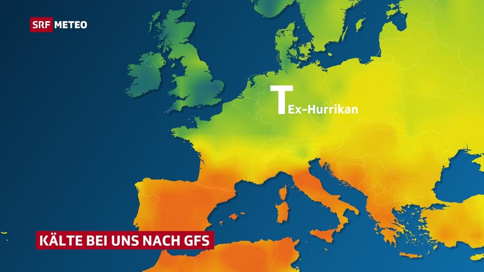 Karte mit Temperaturverteilung in Europa nach dem amerikanischen GFS-Modell. Kühle Luft von Nordeuropa bis in die Schweiz.