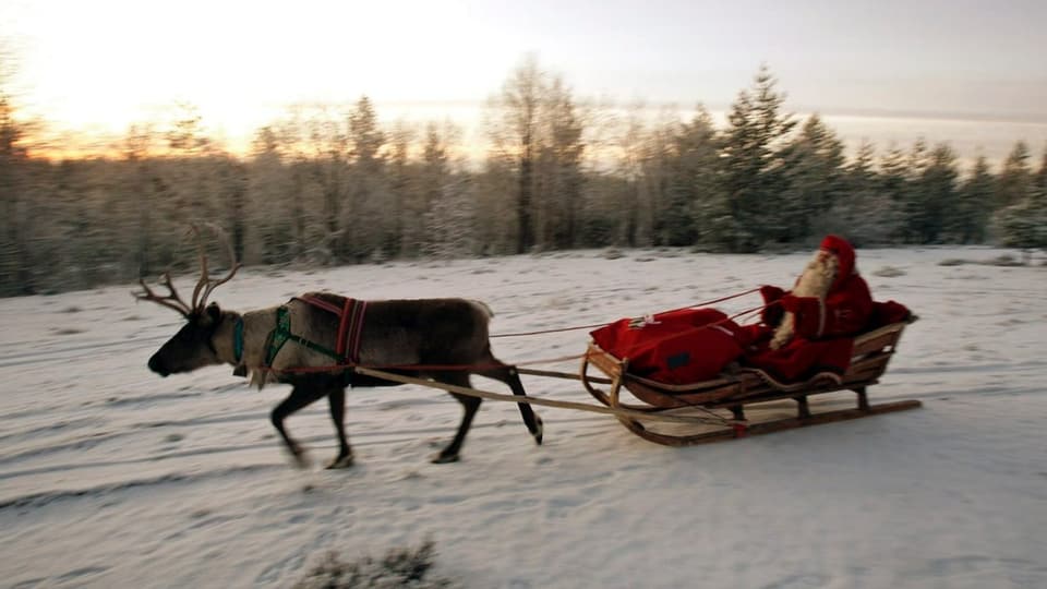 Der Weihnachtsmann auf dem Schlitten wird gezogen von einem Renntier.