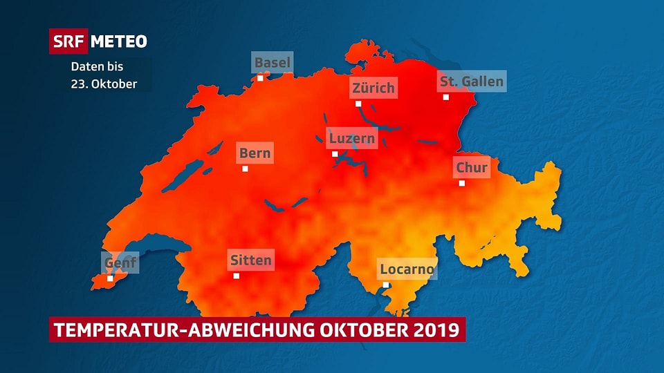 Schweizer Karte die Temperaturabweichung im Oktober zeigt