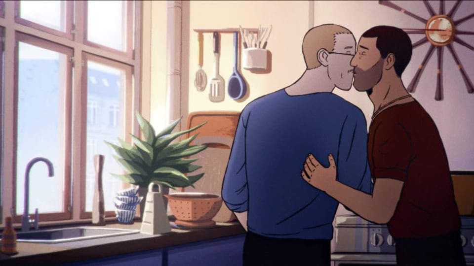 Gezeichnete Szene: Zwei Männer küssen sich in der Küche