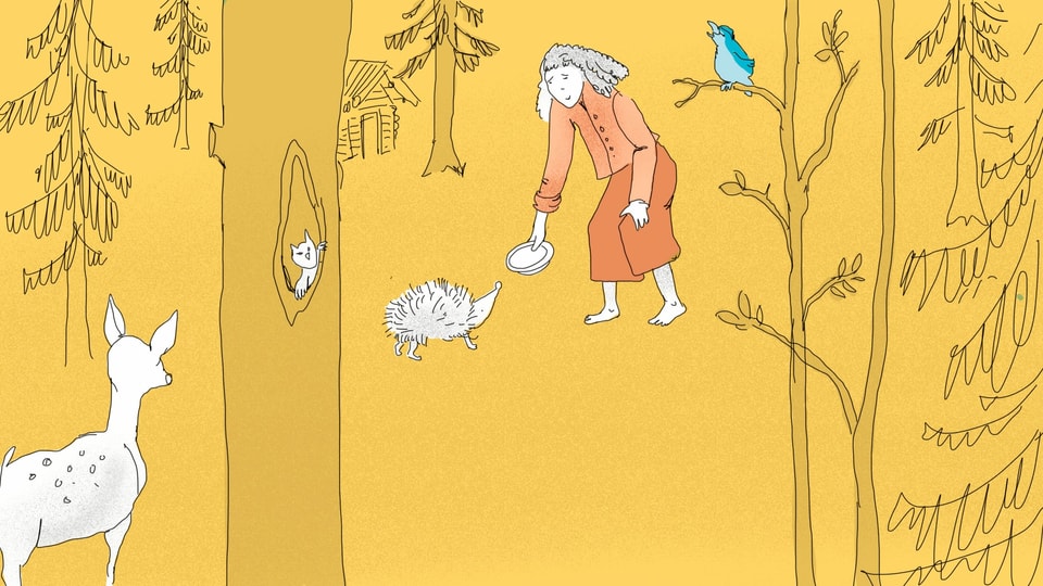 Eine Illustration einer Frau im Wald. Sie füttert einen Igel. Auf einem Baum sitzt ein Vogel. Ein Reh schaut zu.