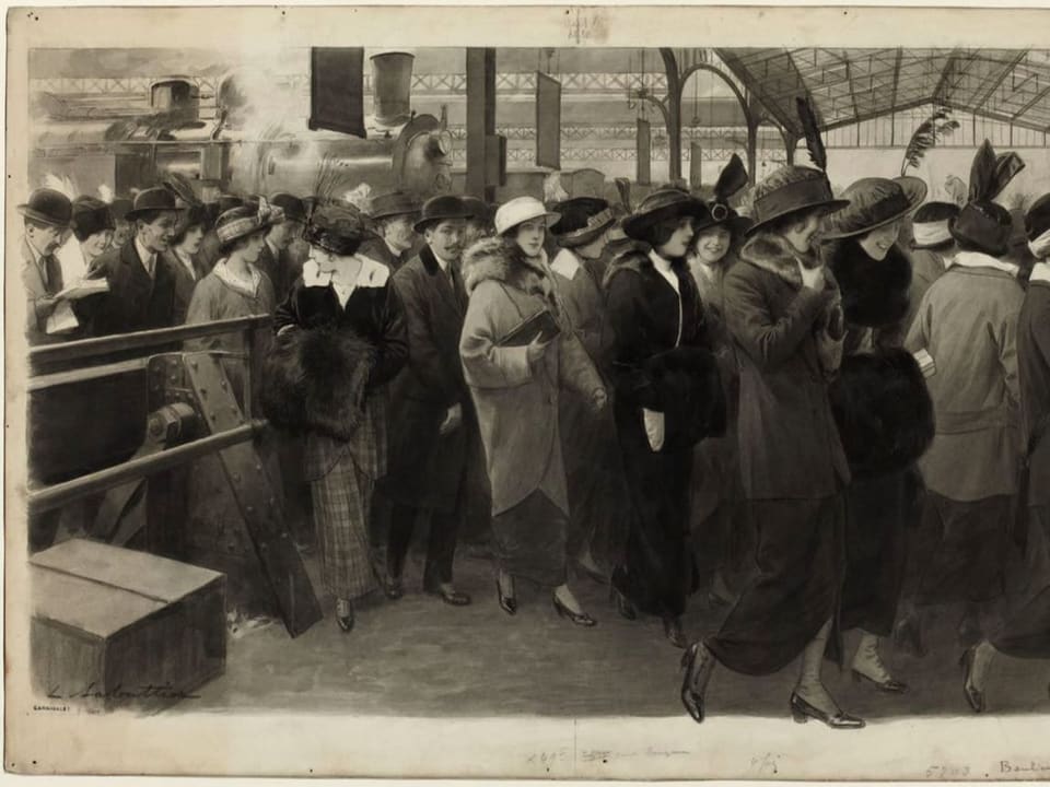 Altes Bild von Frauen in einer Schlange vor dem Zug