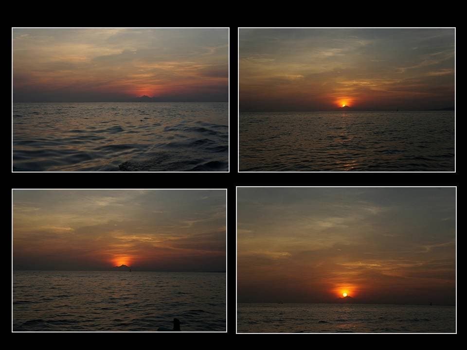 Eine Bildstrecke mit vier Fotos, die den Sonnenaufgang dokumentieren.