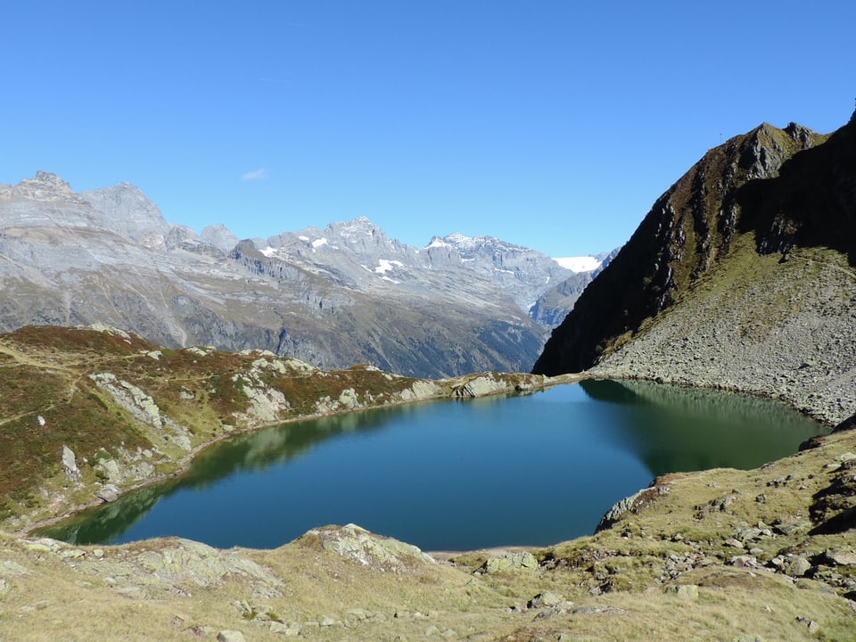 Im Vordergrund der blaue Bristensee, im Hintergrund die Urner Alpen bei wolkenlosem Himmel.