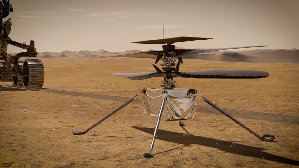 Ein Künstlerkonzept zeigt Ingenuity auf dem Mars.