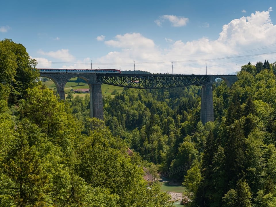 Ein SOB-Zug überquert das Viadukt, aufgenommen am im Juni 2013.