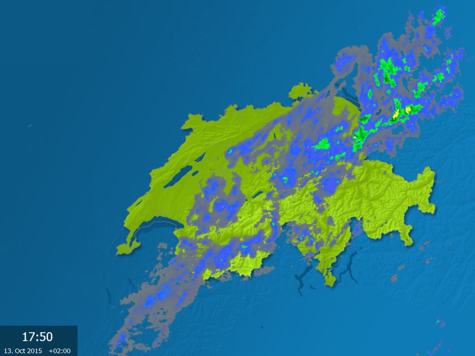 Radarbild der Schweiz. Niederschlag quer über der Schweiz. In Juranähe trocken.