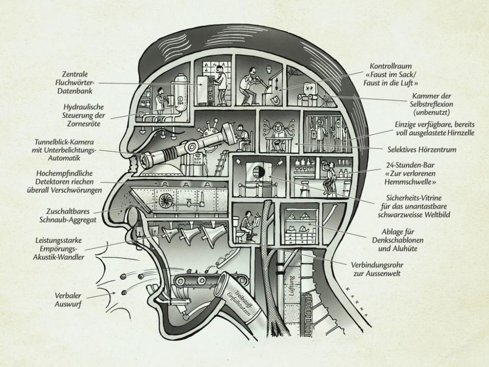 Karikatur eines Wutbürgers. Der Querschnitt durch den Kopf zwigt sein wildes Innenleben: Mit einer Fluchwörterdatenbank, einer Steuerung der Zornesröte, einem Tunnelblick in Form eines Fernrohrs und anderem. 
