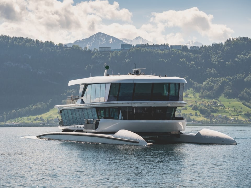 Der Katamaran auf dem See, im Hintergrund der Bürgenstock.