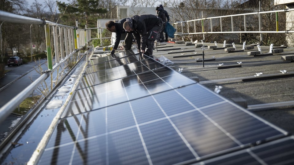 Solarzellen werden auf dem Dach des Zoo Zürich Anfang 2024 montiert.