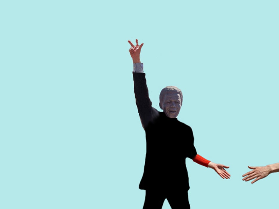 Figur mit hilfsbereit ausgestreckter Hand, andere Hand zum Eid aufgestreckt und Kopf von Nelson Mandela.