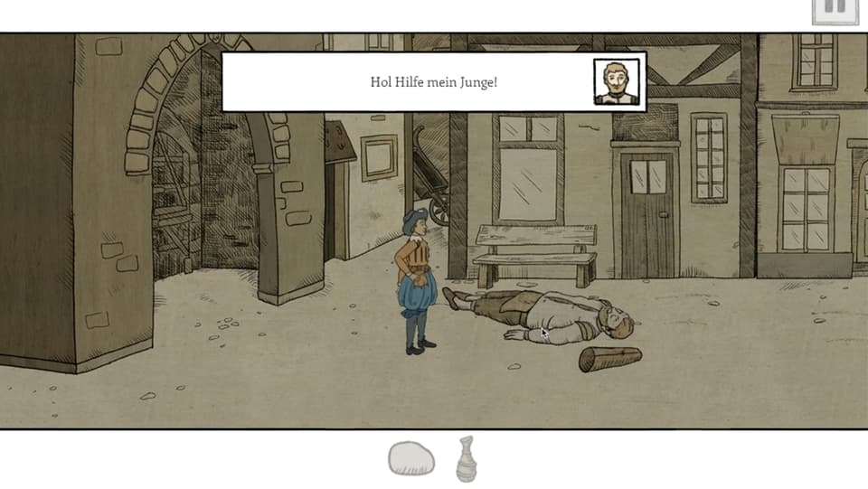 Screenshot: Junge steht in Innenhof, neben einer liegenden Person. Im Kästchen sind das Portrait eines Mannes und der Schriftzug: Hol Hilfe mein Junge