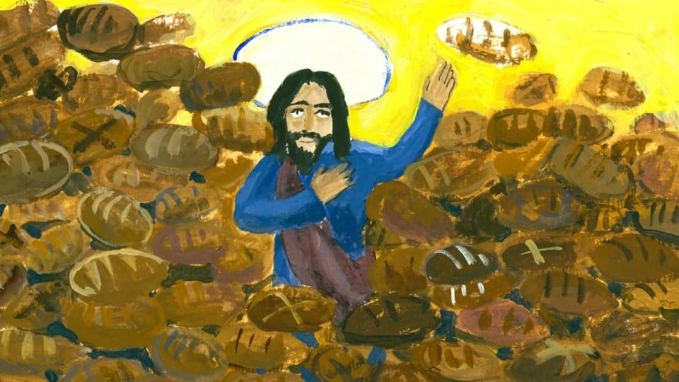 Illustration: Jesus umgeben von Brot