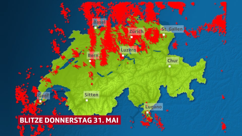 Blitze als Farbpunkte auf der Schweiz Karte eingetragen.