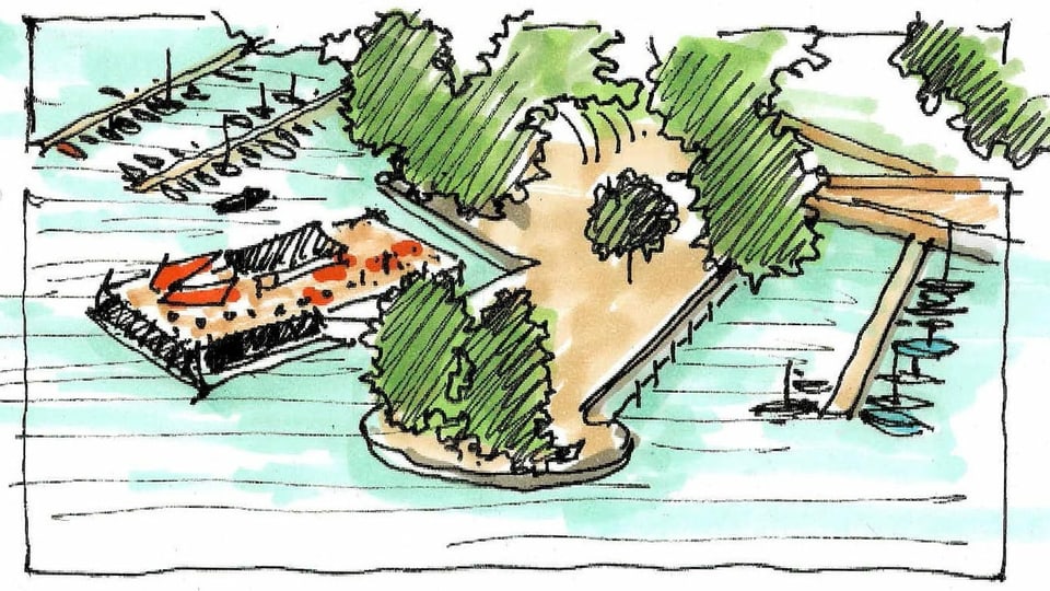 Eine farbige Skizze zeigt eine Idee, wie der Quai am Zürcher Seebecken aussehen könnte 