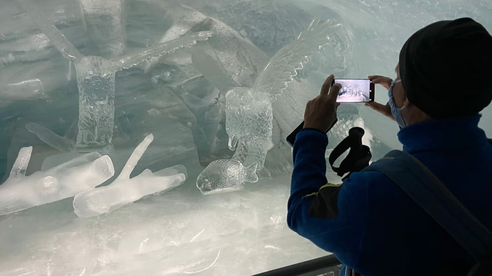 Eine Person fotografiert eine Eisskulptur