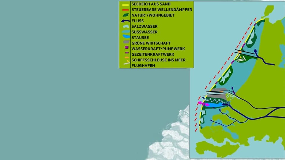 The picture shows the plan for the De Haakse sea dike with freshwater lakes, airport and wind turbines.