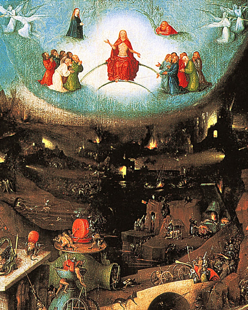 Ein Tryptichon zeigt in der Mitte das jüngste Gericht, links das Paradies, rechts die Hölle.