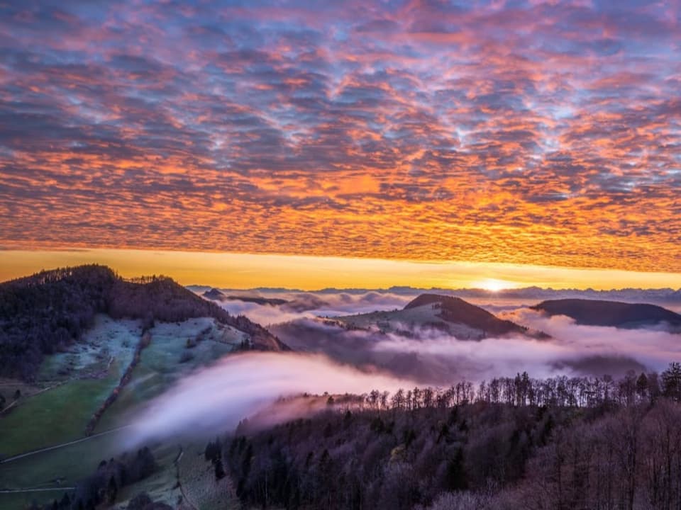 Blick über Landschaft mit Tälern voller Nebel, weissen Hängen mit Reif bei rot leuchtenden Wolken.