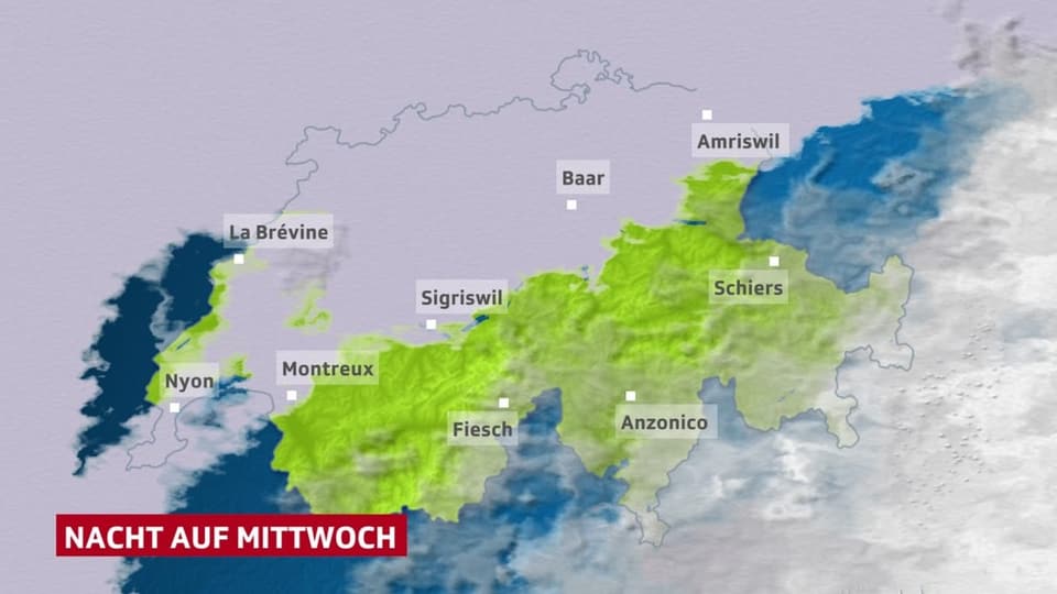 Map of Switzerland with high fog in the north and clouds in the south. 