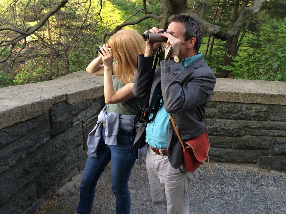 Eine Frau und ein Mann schauen im Central Park, New York, durch ihre Feldstecher.